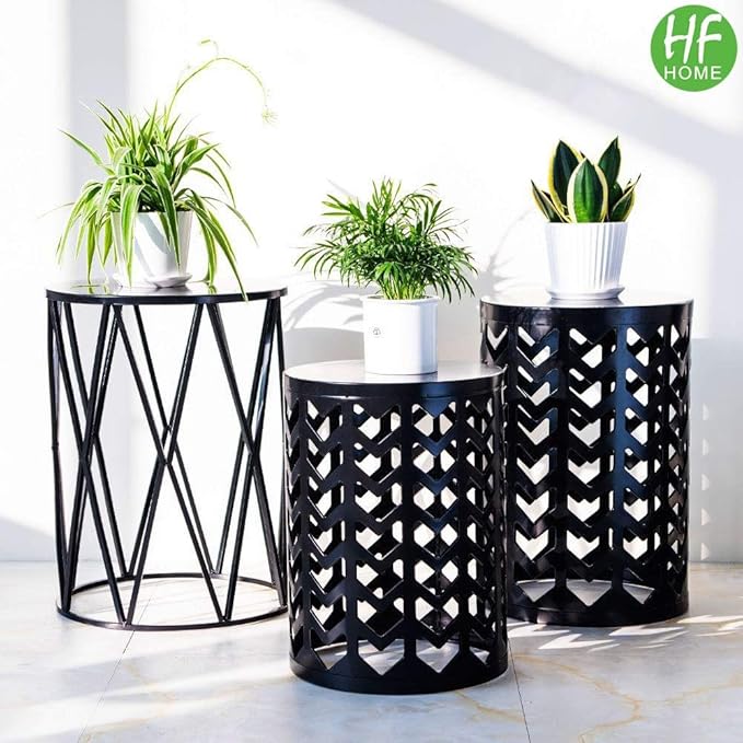 Nesting Round Metal Indoor Coffee End Tables, Set of 3 Modern Farmhouse Nightstands Decor Sofa Side Tables Plant Stand for Living Room Balcony Home Garden Stool Patio Outdoor- Black
