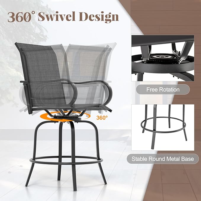 Giantex Set of 2 Swivel Outdoor Bar Stools, All-Weather Bar Height Patio Chairs, 330LBS Capacity, 360 Rotating Outside Bar Chairs with High Back Armrests, for Porch Yard Lawn Garden Pool (Black)
