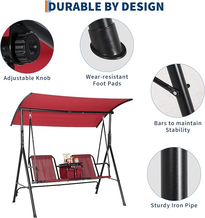 Porch Swing with Cup Holders & Pivot Storage Table & Cooler Bag with Adjustable Canopy for 2 Person Patio Swing for Backyard Balcony Poolside Red