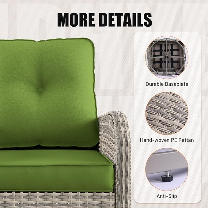 16-Piece Outdoor Patio Furniture Set with Rocking Swivel Chair, PE Wicker Rattan Sectional Sofa Patio Conversation Set with 55,000 BTU Fire Pit Table & Coffee Table, LAvocado Green
