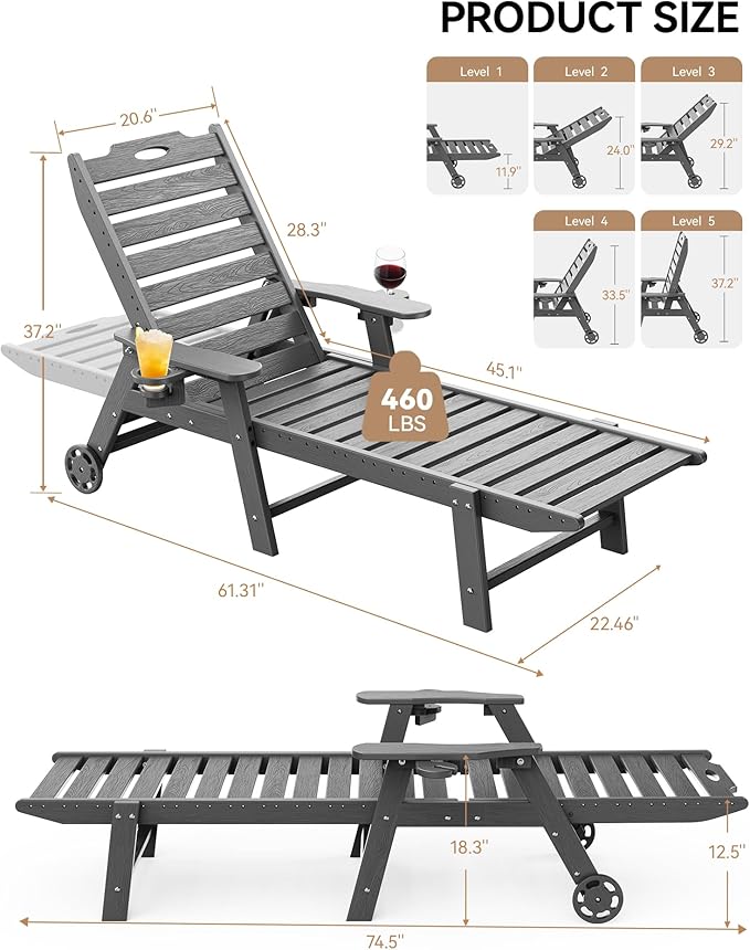 Carauci Lounge Chair Outdoor Set of 4, HDPE Chaise Lounge with Wheels, 5-Position Adjustable Backrest & 2 Cup Holders Patio Lounge Chair, All-Weather Pool Sun Lounger for Poolside, Backyard, Grey