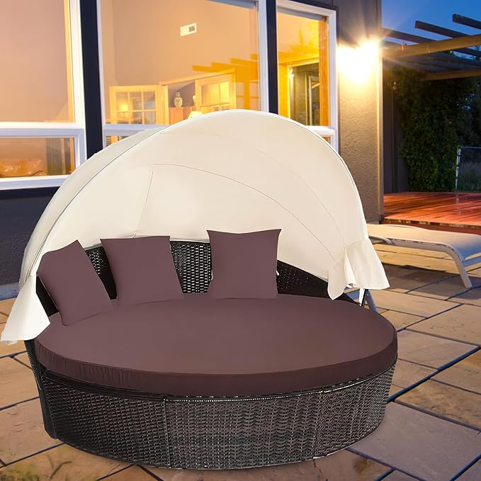 MICTONY Outdoor Daybed Cushion Cover, 66" Replacement Daybed Cover with Elastic Band, Sun Bed Cushion Cover, Outdoor Round Bed Cushion, Cover ONLY (Daybed NOT Included), Brown