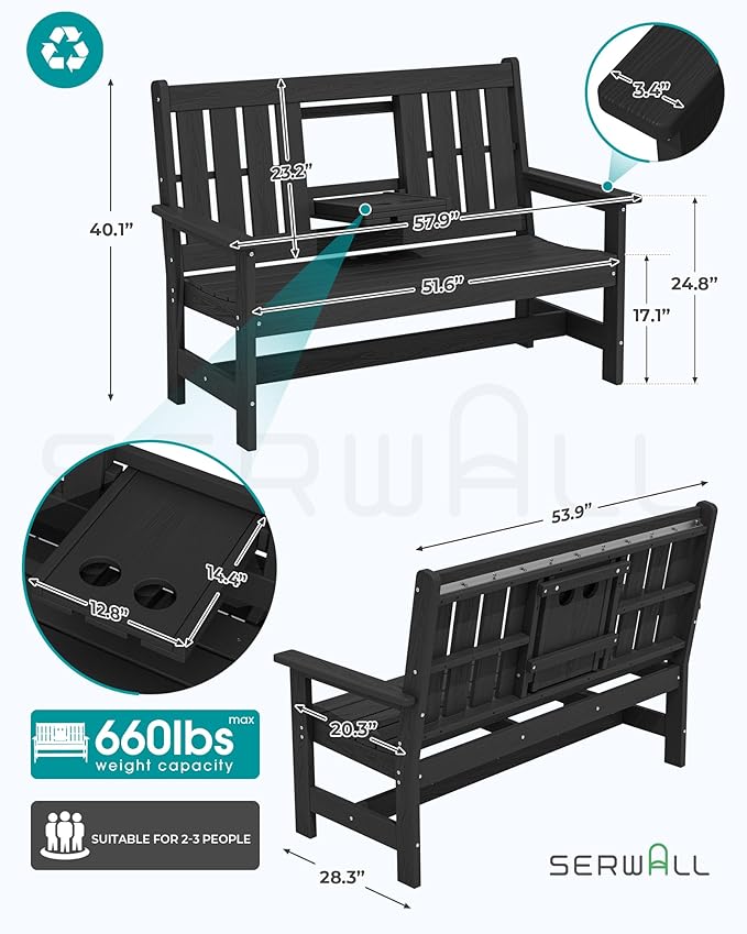 SERWALL Outdoor Bench with Cup Holder, 58" HDPE Garden Park Bench Suitable for 3 Person, All Weather Patio Benches with High Backrest and Wide Armrests for Garden, Park, Yard, Front Porch, Black