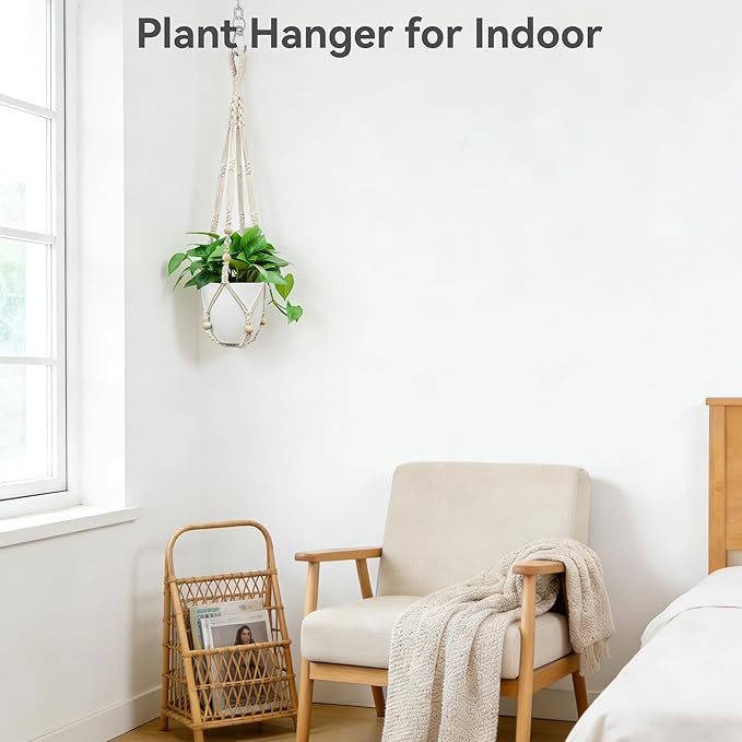 USLAI Macrame Plant Hanger Indoor Outdoor, Fits 4 to 15 Inch Pots, Strong Hanging Planter Holder, Boho Home Decor, 35 Inch, Ivory, Set of 3 (POTS NOT Included)