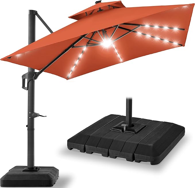 Best Choice Products 12x12ft LED Cantilever Patio Umbrella w/Base Included & 360° Rotation, Large Solar Offset Hanging Outdoor Sun Shade for Deck, Backyard Table w/Stand & Lights – Rust