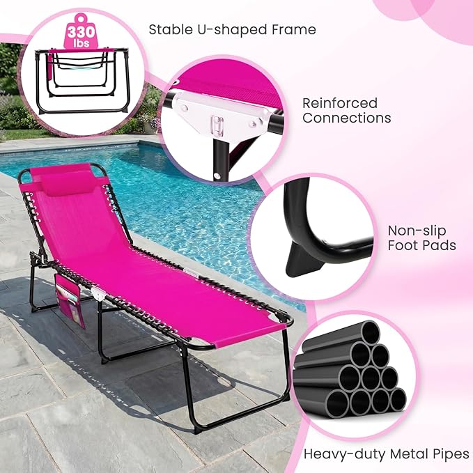 GYMAX Lounge Chairs for Outside, Extra High Folding Beach Tanning Lounger with 4-Level Adjustable Backrest, 2-Level Footrest & Removable Pillow, Sunbathing Lounge for Patio, Lawn, Poolside (2, Pink)