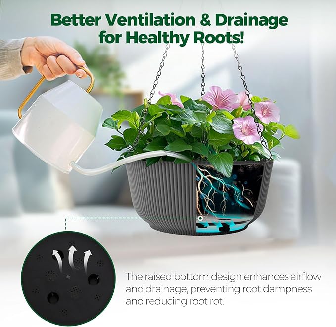 T4U 10 Inch Hanging Planters for Indoor Outdoor Plants, Hanging Plant Pot Pack of 2, Self Watering Hanging Pots with Drainage Hole & Plug & Chain with 3 Hooks for Garden Home Decor, Grey