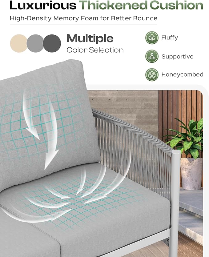 Aluminum Outdoor Patio Furniture Set with Dual-Layer Coffee Table, 4 Piece Modern Patio Conversation Sets with PE Rope, Outdoor Sectional Sofa with Thick Cushions for Balcony, Yard, Silver