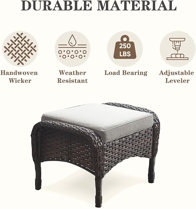 Belord Outdoor Ottomans for Patio Foot Rest - 25 Inch PE Wicker Foot Stool Set of 2 with Removable Cushions for Patio Furniture Sets,All Weather Rattan Ottoman for Balcony Deck Backyard Brown