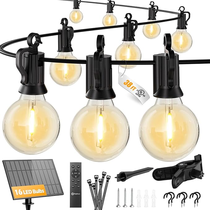 Brightown 38FT Solar String Lights Outdoor with Remote and 16 LED Shatterproof Bulbs, Dimmable & Timable, 3 Light Modes, Solar Patio String Lights Outdoor for Cafe, Garden, Deck, Outside Wedding
