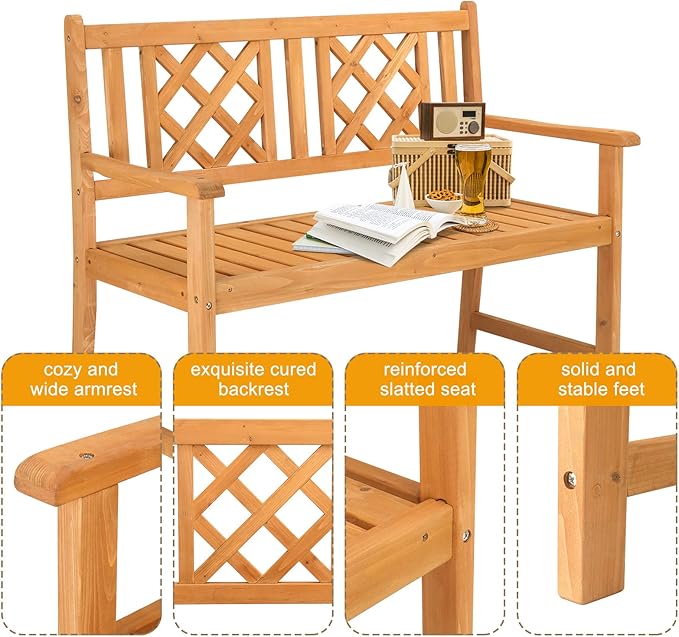 Outvita Wooden Garden Bench, Outdoor Wood Patio Bench, Rustic Two Person Loveseat Chair w/Armrest for Porch Poolside Park Backyard Balcony, Capacity 605Lbs, Grid Backrest