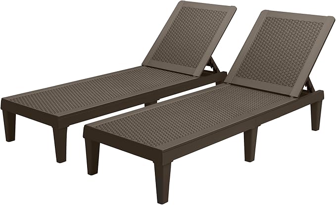 Greesum Outdoor Chaise Lounge Chairs Set of 2 with 5-Position Adjustable Backrest, Waterproof PP Sun Chaise Loungers for Garden Pool Beach Patio Deck Sunbathing, Brown