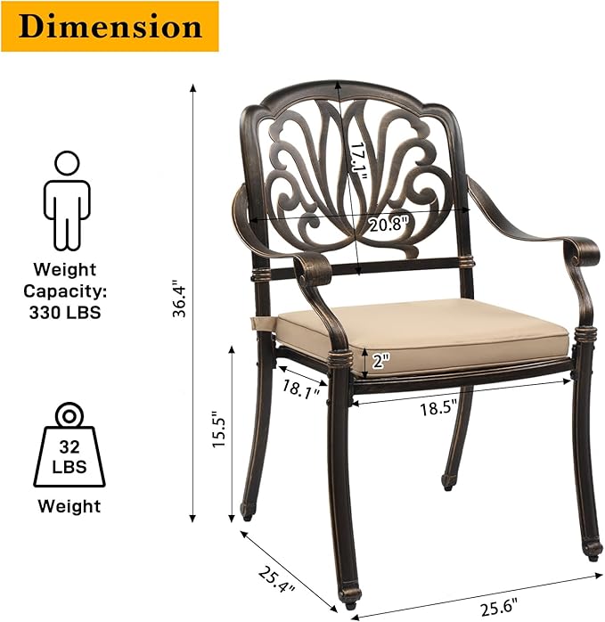 VINGLI 7 Pieces Outdoor Dining Set, Cast Aluminium All-Weather Patio Dining Set for 6 with Umbrella Hole, Outdoor Dining Table and Chairs with Cushion for Yard, Garden, Porch and Poolside, Bronze