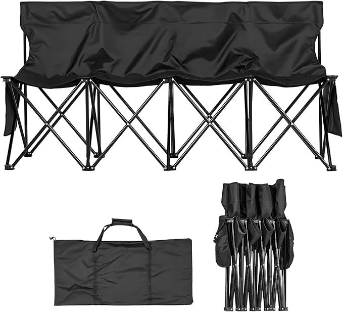 VEVOR Portable Folding Bench, 4 Seat Foldable Soccer Bench with Side Pockets and Carrying Bag, Lightweight Sideline Seating with Back Rest for Football, Baseball, Camping, Outdoor Events, Black