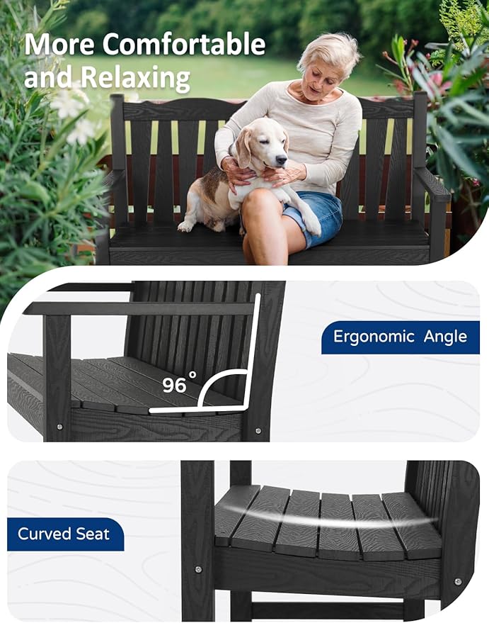 Outdoor Bench Weatherproof, 2-Person Garden Benches for Outdoors, All Weather HIPS Patio Bench Holds up to 800lbs, Never Rot or Fade, Comfort Bench for Porch, Garden, Patio, Backyard and Park, Black