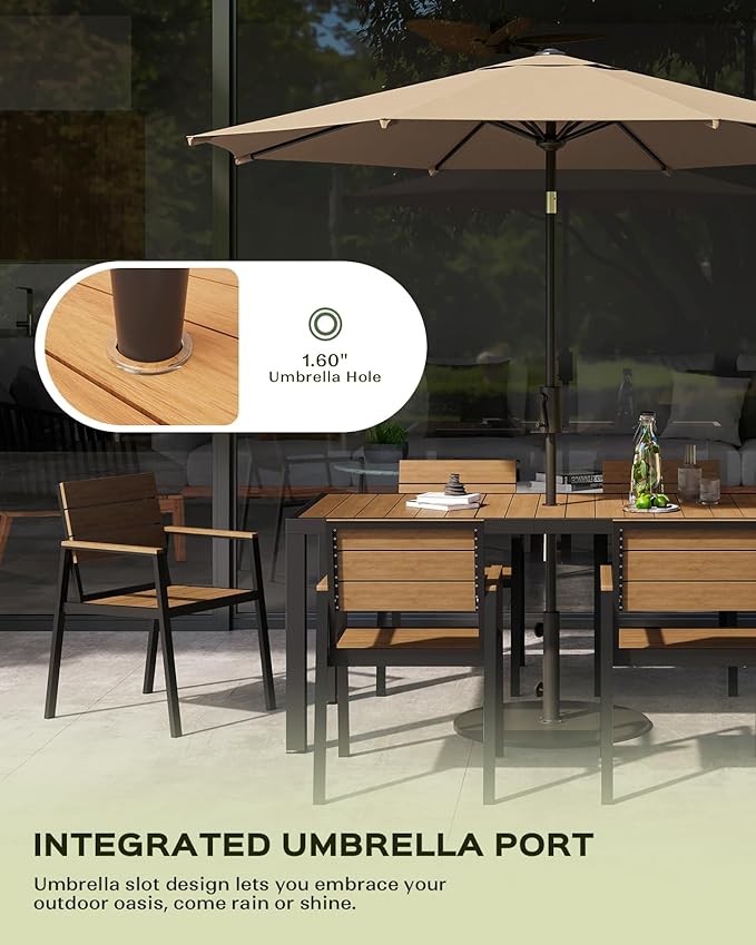 7-Piece Outdoor Dining Set, Aluminum Dining Table Set for 6, Patio Table and Chairs Set with Umbrella Hole, All Weather HDPS Outdoor Table and Chairs for 6 (Gray-Teak)