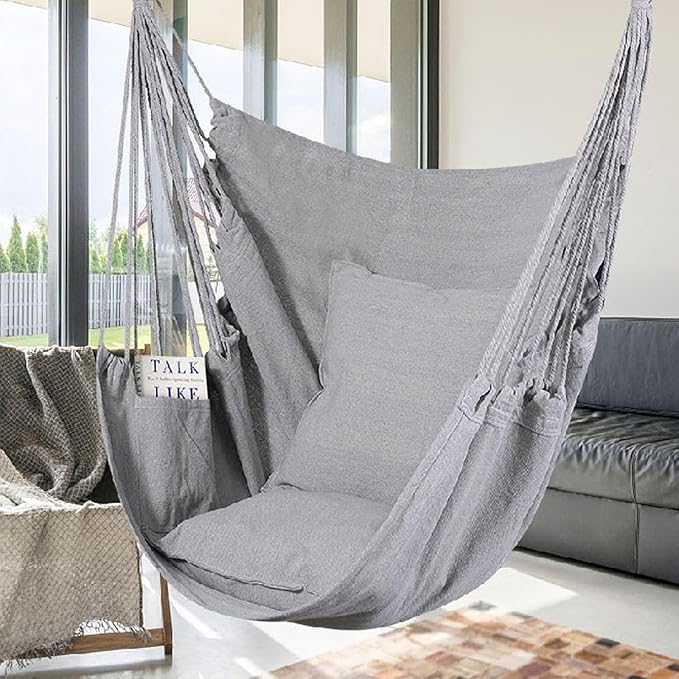 Goutime Hammock Chair, Boho Hanging Rope Ceiling Swing, Macrame Hanging Swinging Chair for Indoor,Outdoor,Bedroom,Outside,Garden,Balcony,Yard,Deck,Max 330 Lbs (Gray)