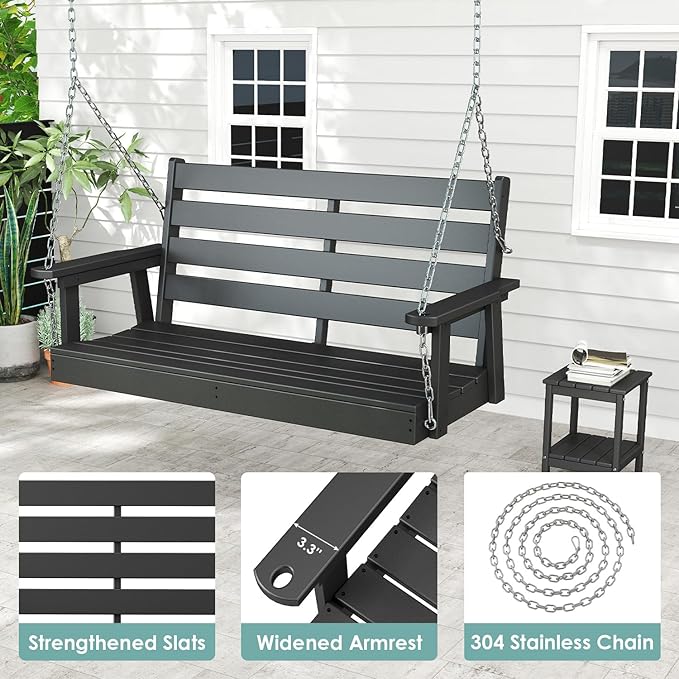 IVY&LANE Outdoor Porch Swing | HDPE Plastic | 2-Person | Hanging Bench Swings | Weatherproof | 4 Stainless Steel Chains | Black | for Outside Patio Garden Backyard Tree