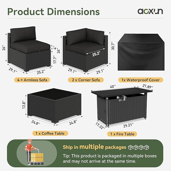 Aoxun 8 Piece Patio Furniture Set with 44” Fire Pit Table, Wicker Rattan Patio Sectional Sofa, Outdoor Furniture Set with Thickened Cushion, Black