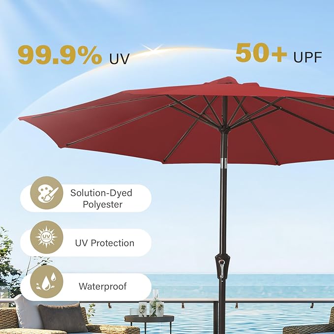 MEWAY 9ft Patio Umbrella Outdoor Table Umbrellas with Push Button Tilt and Crank, Market Umbrella 8 Sturdy Ribs for Deck, Garden, Pool and Backyard, Red