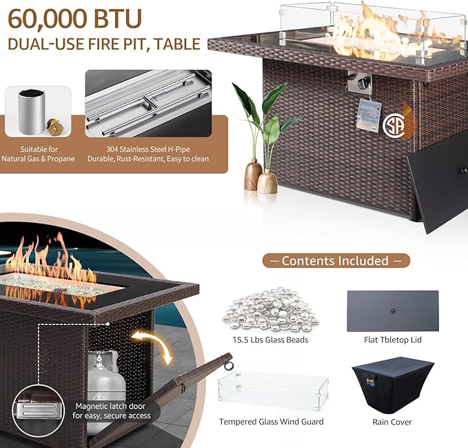 NICESOUL 9 Piece Patio Furniture Conversation Set, Extra Large Size Outdoor Rattan Sectionals with Fire Pit Table Natural Gas & Propane Convertible, 29.3'' High Back 8 Seater Deep Wide Sofa, Espresso