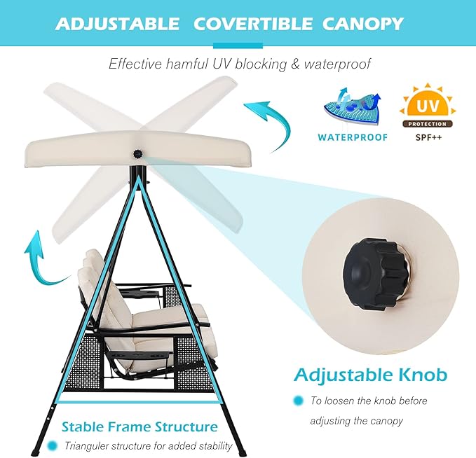 AECOJOY Outdoor Porch Swing with Cover, 3-Seat Patio Swings with Adjustable Canopy, Outside Swing for Adult with Beige Removable Cushions for Backyard, Garden, Yard, Poolside, Balcony