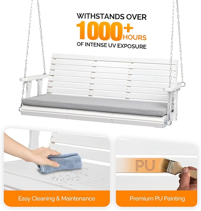 VINGLI Wooden Porch Swing, Heavy Duty 880 LBS Hanging Patio Bench with Extra Cushion for Lawn| Garden| Courtyard (White, 5 feet)