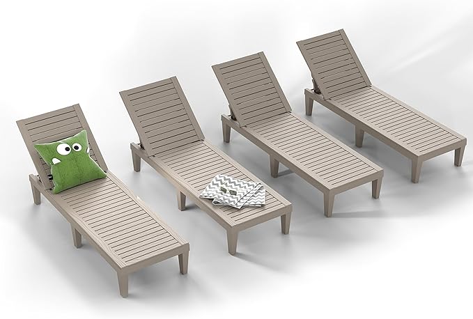 ROJIK Outdoor Chaise Lounge Chair Set of 4,with 5-Position Adjustable Backrest,Waterproof & Lightweight | Durable Indoor/Outdoor Patio Lounger Chair for Garden Pool Beach,Grey