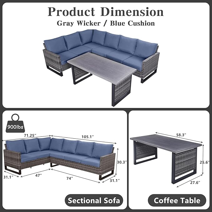 Belord Outdoor Sectional Sofa 6 Seater L Shaped Couch Wicker Patio Conversation Furniture Set with Tree-Grain Finish Metal Dining Table, Rattan Outdoor Furniture with Removable Washable Cushion Blue