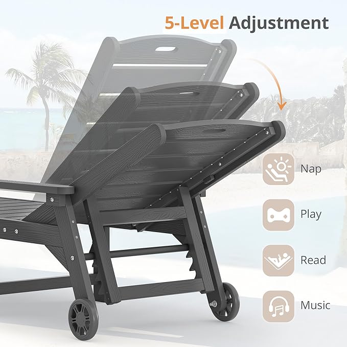 LUE BONA Chaise Lounge Chair with Table, 3-Piece, HDPS Chaise Lounger, 5 Positions Adjustable Lounge Chairs, Pool Lounge Chair with Wheels for Poolside, Backyard, Dark Gray