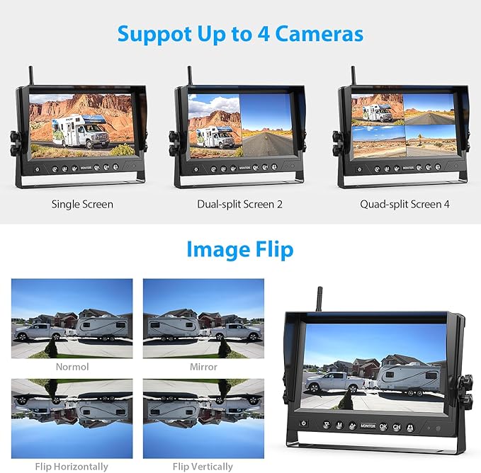 3 Magnetic Solar Wireless Backup Camera System, Quad RV Rearview Backup Cameras Wireless System with HD1080P 9 Inch DVR Monitor for Trailer RV Trucks, Built-in 9600mAh Solar Battery, BL903
