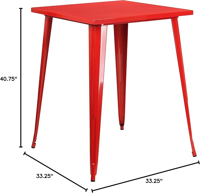EMMA + OLIVER Commercial Grade 31.5" Square Red Metal Indoor-Outdoor Bar Height Table