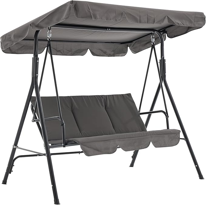 3 Person Porch Swing Chair,Outdoor Patio Swing Chair with Adjustable Canopy and Armrests,Breathable Fabric Seat & Backrest,Outdoor Swing for Backyard, Garden, 600 Lbs Max Load