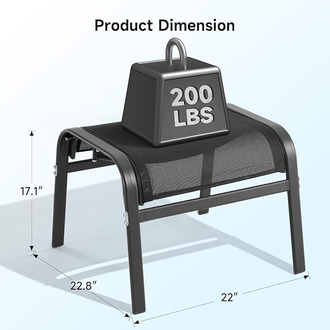 ONBRILL Outdoor Ottoman Foot Rest Set of 2, Textilene Fabric Outdoor Footstool with Tight Surface and Stable Metal Frame, Wide Use Outdoor Ottomans for Patio, Balcony, Poolside and Indoors, Black