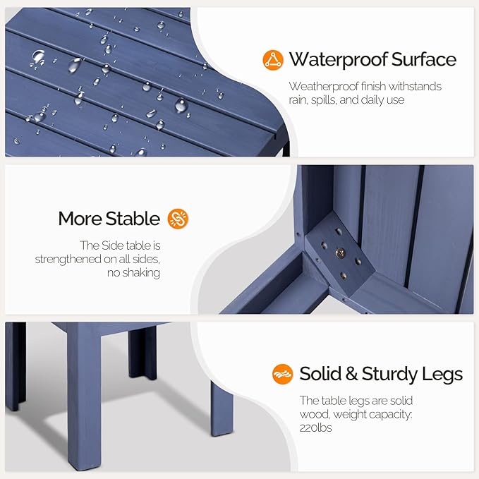 VINGLI Outdoor Wooden Side Table, Square Patio Side Table, Small Outdoor Table for Patio, Backyard, Garden, Poolside, Balcony, Adirondack Conversation End Table (Navy Blue)