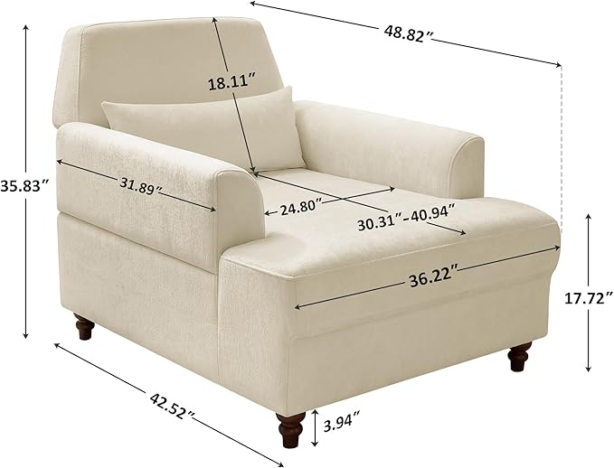 Chaise Lounge Chair Indoor with Adjustable Backrest, Upholstered Mid-Century Reading Chair, Oversized Accent Armchair for Living Room & Bedroom, Comfy Single Sofa Chair, Modern Living Room Chair