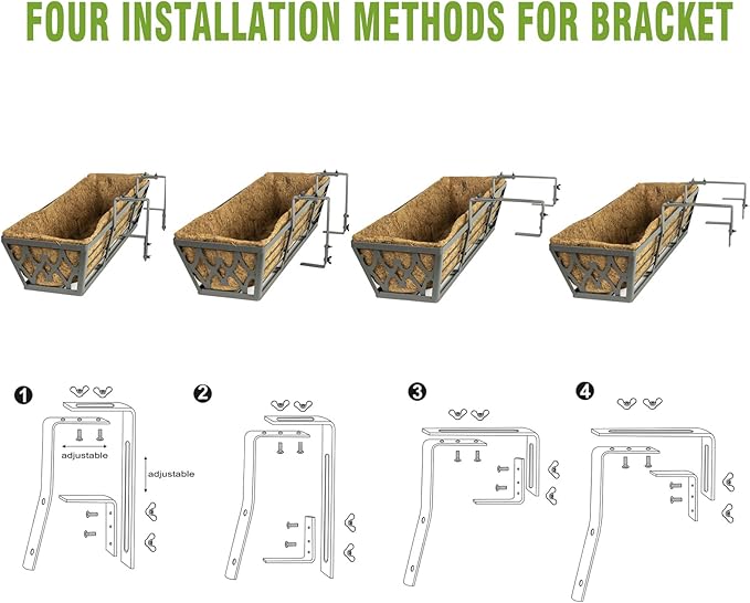 2 Pack 24 Inch Window Boxes Planters Railing Planter Box with Adjustable Brackets for Porch Fence Patio Balcony Hanging Flower Baskets with Coco Liners for Outdoor Garden Decor - Dark Grey