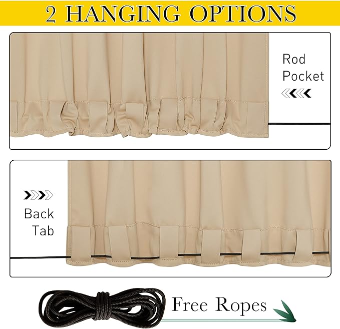 NICETOWN 2 Panels Outdoor Patio Curtains Windproof & Waterproof, Top & Bottom Grommet & Back Tab Light Blocking Thermal Drapes Privacy for Yard/Porch with Ropes for Fixed, Biscotti Beige, W46 x L63