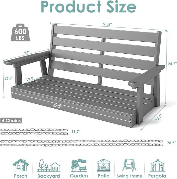 IVY&LANE Outdoor Porch Swing | HDPE Plastic | 2-Person | Hanging Bench Swings | Weatherproof | 4 Stainless Steel Chains | Grey | for Outside Patio Garden Backyard Tree