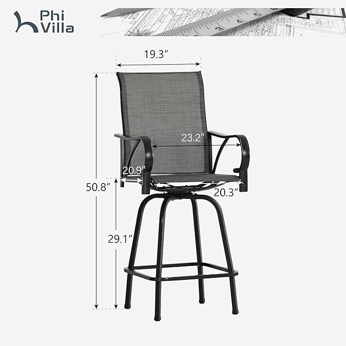 PHI VILLA Outdoor Swivel Bar Stools Set of 6, Bar Height Patio Bar Stools & Chairs, All-Weather High Top Patio Chairs with Textilene Fabric for Outdoor, Grey