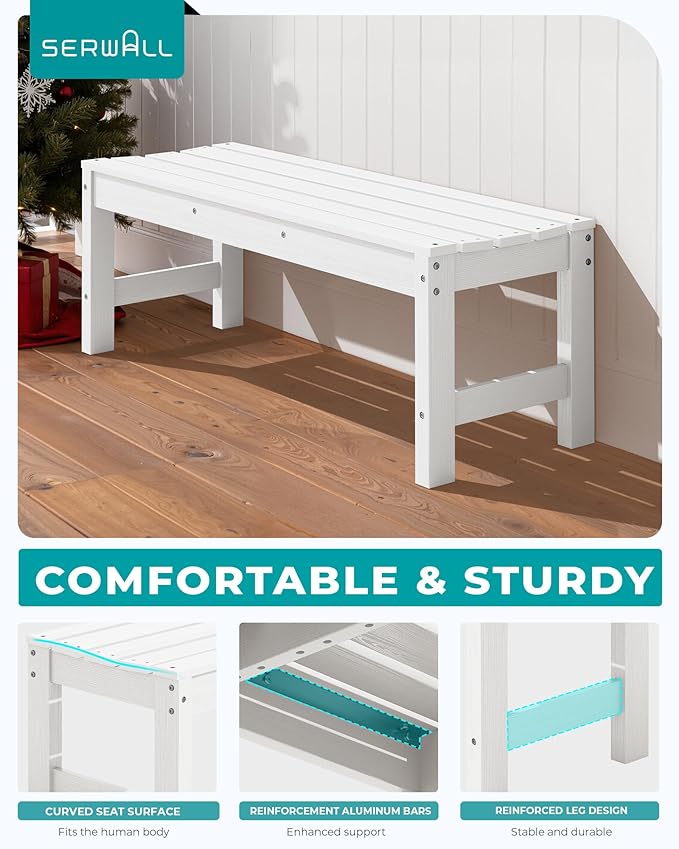 SERWALL 47 Inches Outdoor Bench Set of 2, All Weather HDPE Backless Bench with Wood Grain Texture for Garden Porch and Park, Curved Bench Seat for Comfort, White