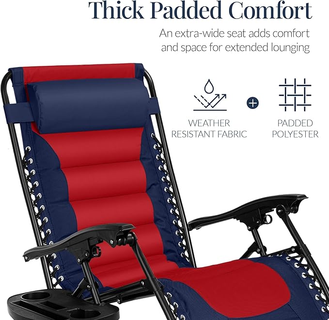 Best Choice Products Oversized Padded Zero Gravity Chair, Folding Outdoor Patio Recliner, XL Anti Gravity Lounger for Backyard w/Headrest, Cup Holder, Side Tray, Polyester Mesh - Navy/Red