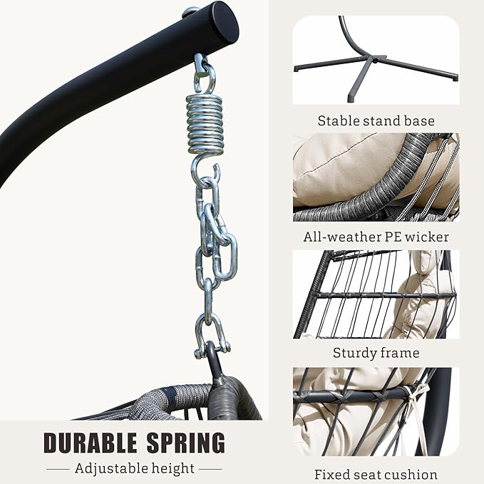 FREDEES Egg Swing Chair with Stand, Outdoor Hanging Egg Chair with Cushion for Patio/Porch/Balcony/Indoor (Beige)