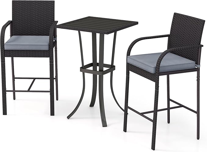 Tangkula 3 Piece Patio Wicker Bar Set, Outdoor Rattan Counter Height Cushioned Chairs & Square Table with Heavy-Duty Metal Frame, for Balcony, Backyard, Poolside
