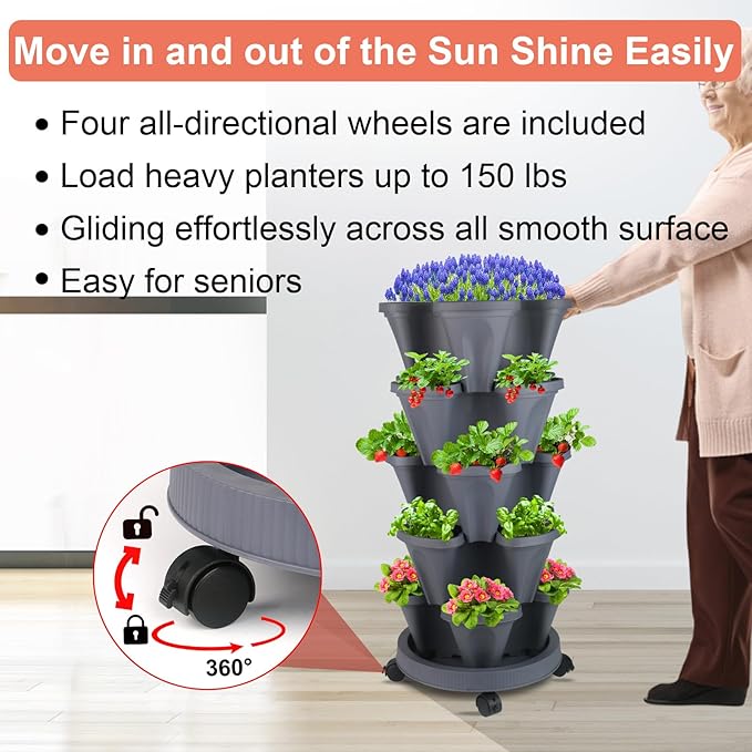 DUNCHATY Stackable Planter, Vertical Garden Planter with Wheels and Garden Tools, Strawberry Planter Indoor/Outdoor 5 Tier Herb Planter Pots for Growing Vegetables and Succulents,Dark Gray
