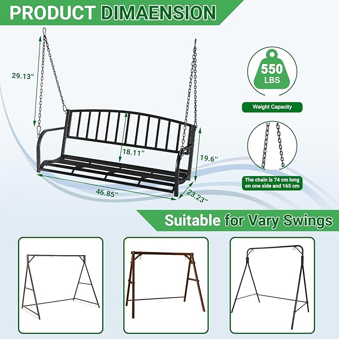 2-Person Metal Porch Swing, 47" Wide Outdoor Hanging Bench with Adjustable Chains, Heavy Duty 550LB Capacity, Perfect for Patio, Garden and Balcony