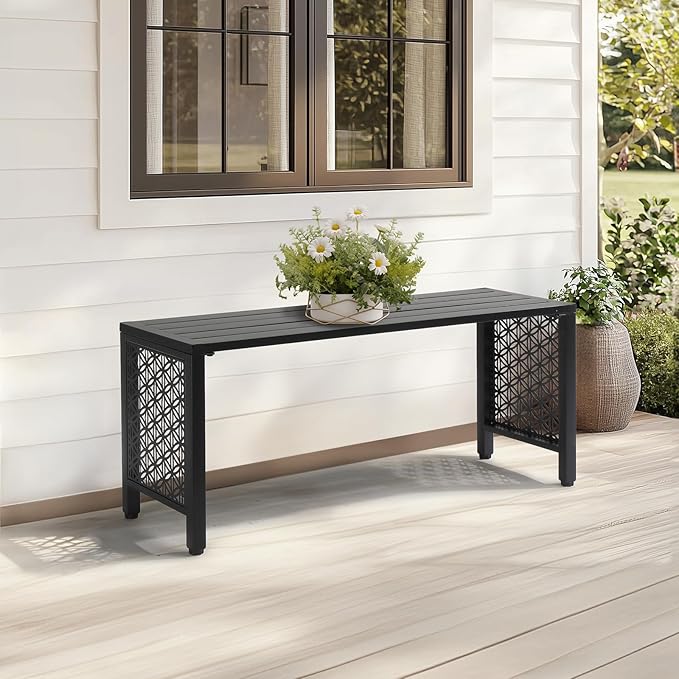 VINGLI 40in Outdoor Metal Bench, All-Weathe Backless Patio Bench with Slatted Seat＆Floral Side Panels, Rust-Resistant Garden Bench, Weatherproof Outdoor Seating for Porch Entryway Backyard (Black)