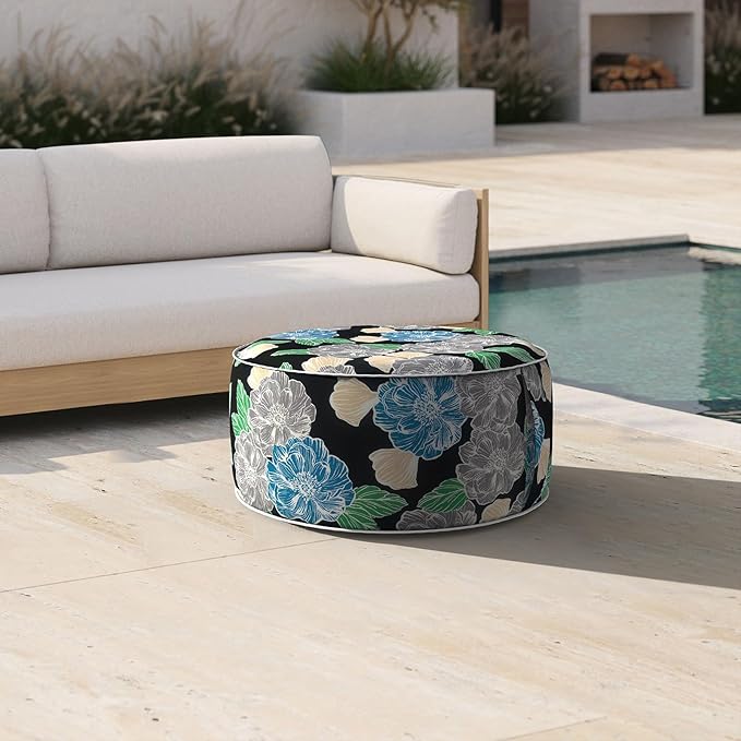 Inflatable Ottoman Stool D21 xH9 for Outdoor/Indoor Use, Water Repellent Patio Foot Rest with Portable Handle,Round Pouf Ottoman Suitable for Garden,Deck and Camping-Peony Garden