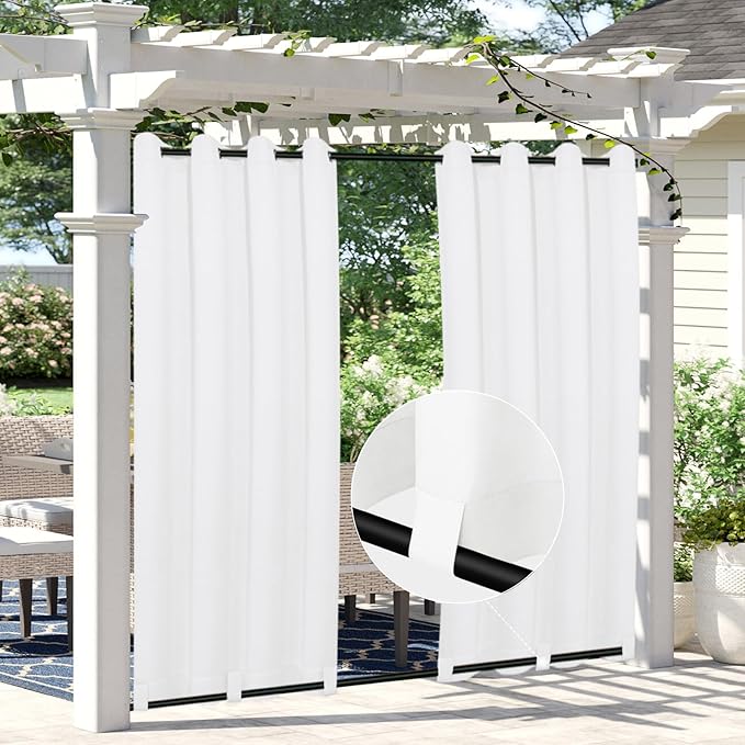 Easy-Going Linen Look Outdoor Curtains Waterproof Windproof Porch Curtains, Soft Thicken Outdoor Privacy Curtains for Patio, Gazebo, Grommet Top and Tab Bottom Drape, 1 Panel, 54x120 inch, White