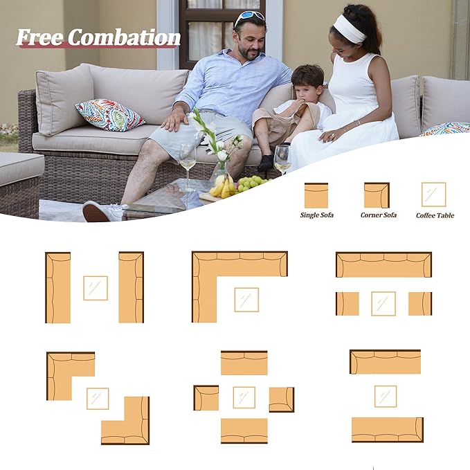 7 Piece Outdoor Patio Furniture Sets, Brown Patio Sectional Furniture All-Weather PE Rattan Sectional Sofa, Outdoor Wicker Conversatin Set w Glass Coffee Table for Backyard, Garden, Porch